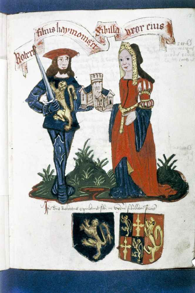 Manuscript illustration depicting Robert Fitzhamon and his wife Sibilia Montgomery, holding a small model of Tewksbury Abbey. They are wearing early 16th century garb - he is dressed in armour and holding a sword, and she is wearing a red gown and an English gable hood