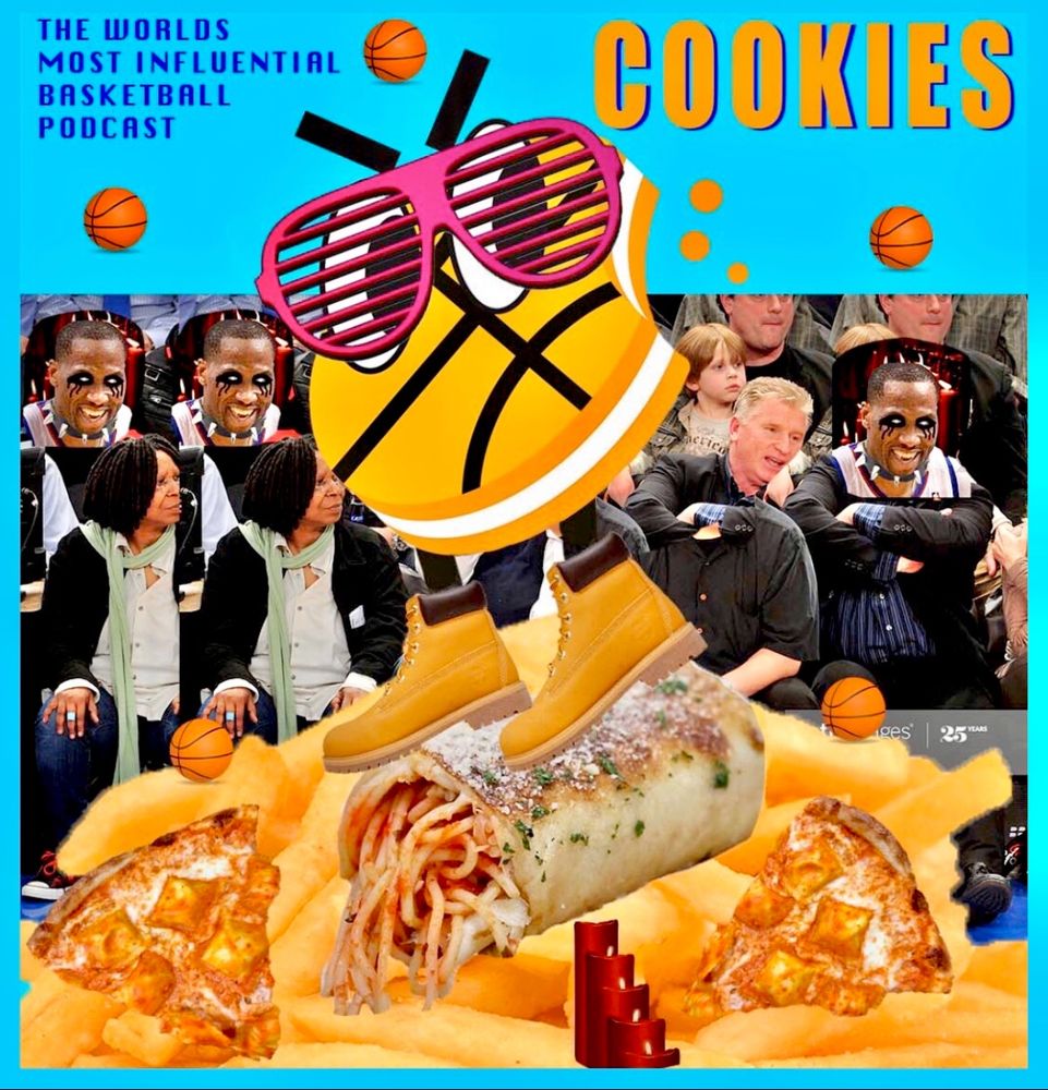 teal cover art that has a cartoon cookie with timbos on it’s feet. it sits atop a spaghetti burrito, french fries and pizza slices with ravioli. the words read “COOKIES” and “THE WORLDS MOST INFLUENTIAL BASKETBALL PODCAST”
