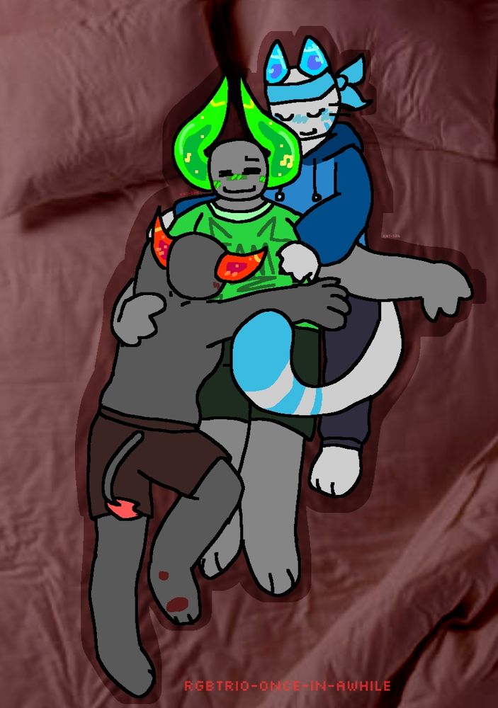 a drawing of Slingshot, Skateboard, and Boombox cuddling in bed