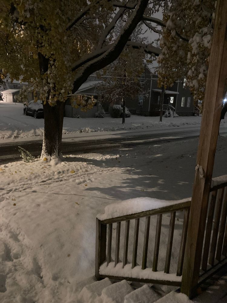 snow outside my front door, piled up on the porch steps and rail, tracks down the path to and from the sidewalk