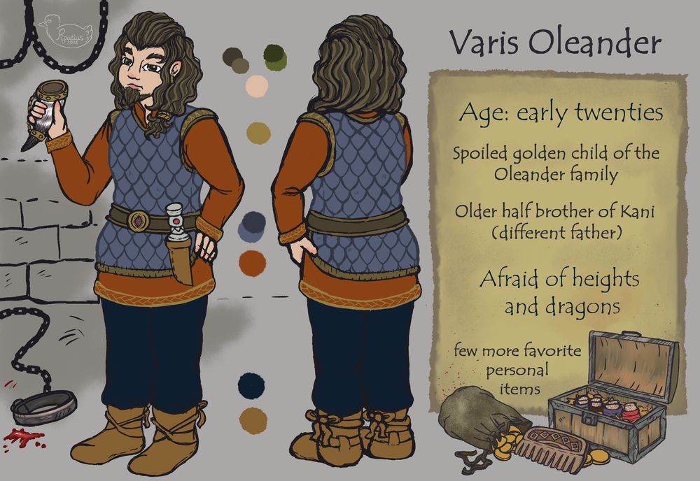 Drawing of a yuong adult viking that has a hornmug in his hand. Drawing has many little details and information about the character. 