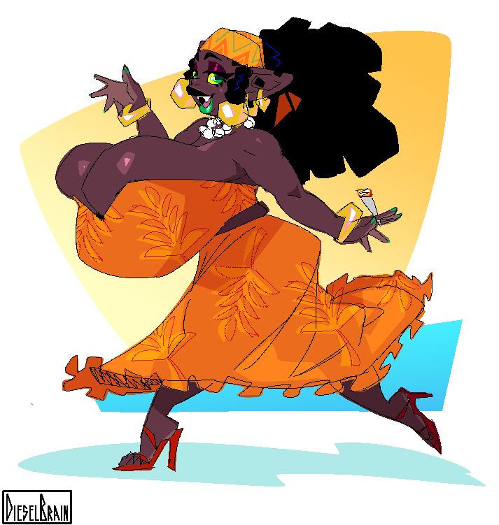 Nabu,a tiny busted to hell elf woman, is strutting her stuff in a new outfit. Her tits are overflowing out of her top and you can see her shapely legs through the thin fabric of her skirt. She has a big ol blunt in hand cuz frankly we could all use summa that right now can i get an amen?