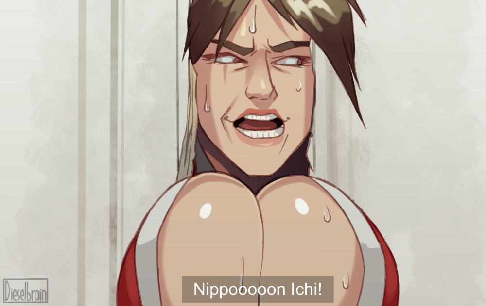 Mai Shiranui sticking her face through a hole in a door from The Shining. She's saying "Nippoooooon Ichi!"