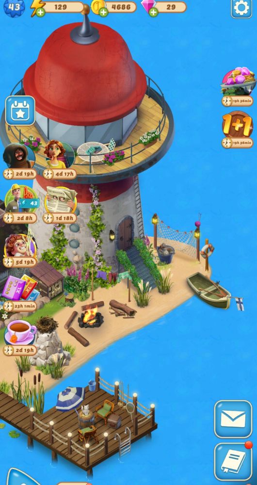 O canto do nosso farol. Ao lado desse farol vemos um balde com pedras e sujeira, e a frente há postes de luz com uma rede.enfeitada. na frente da rede há um barquinho de madeira com remos, ancorado. Há uma bandeira filandesa na ponta do barquinho.