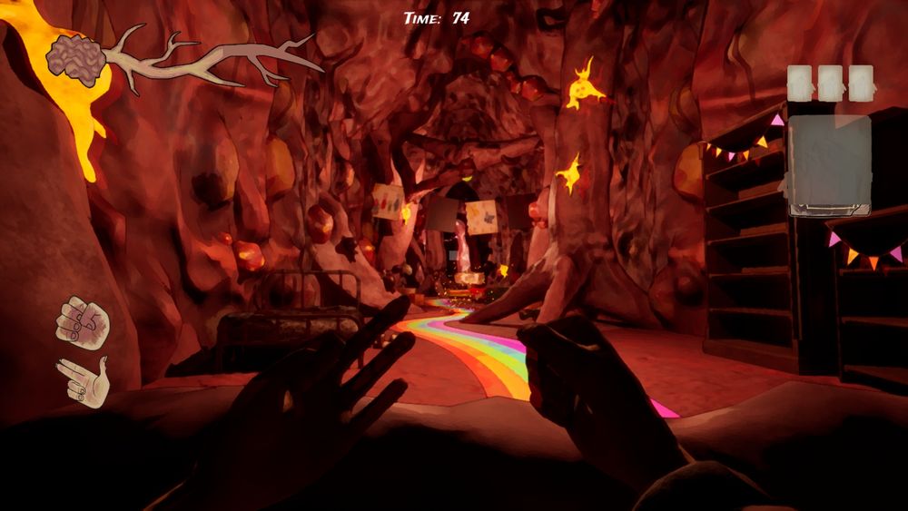First person view down a cavern made whose walls appear to be the inside of a human brain. The cavern is decorrated with houshold items. The player's hands are silhouetted against the scene. A screenshot from the game synaptic.