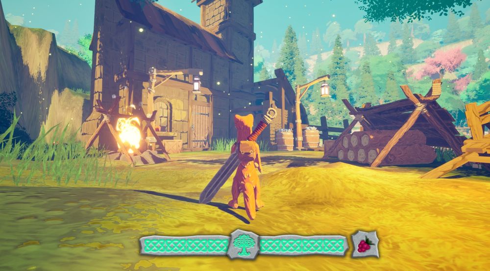 A pine marten with a huge sword strapped accross it's back looks at a fantasy village. A screen hot from the game The Chronicles of Marten.