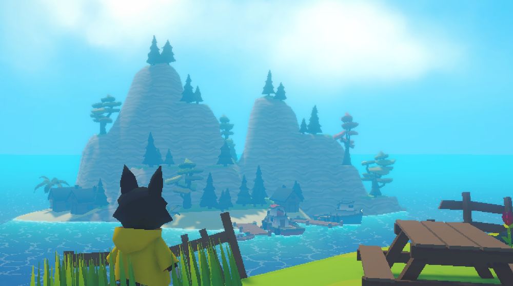 An anthropomorphic cat gazes at an beautifully rendered island landscape. Screenshot from the game Shore Leave.