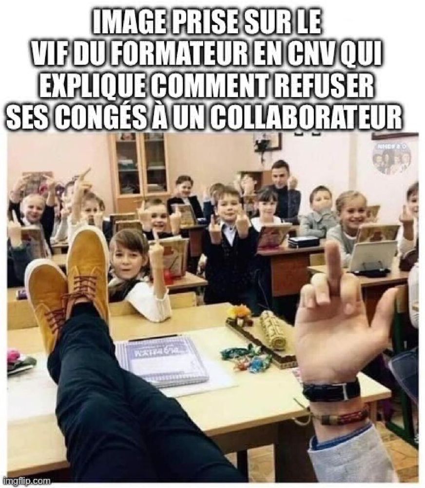Meme où l’on voit la main d’un enseignant qui fait un doigt d’honneur et toute une classe d’enfants qui répètent le geste. La légende dit « IMAGE PRISE SUR LE VIF DU FORMATEUR EN CNV QUI EXPLIQUE COMMENT REFUSER
SES CONGÉS À UN COLLABORATEUR »