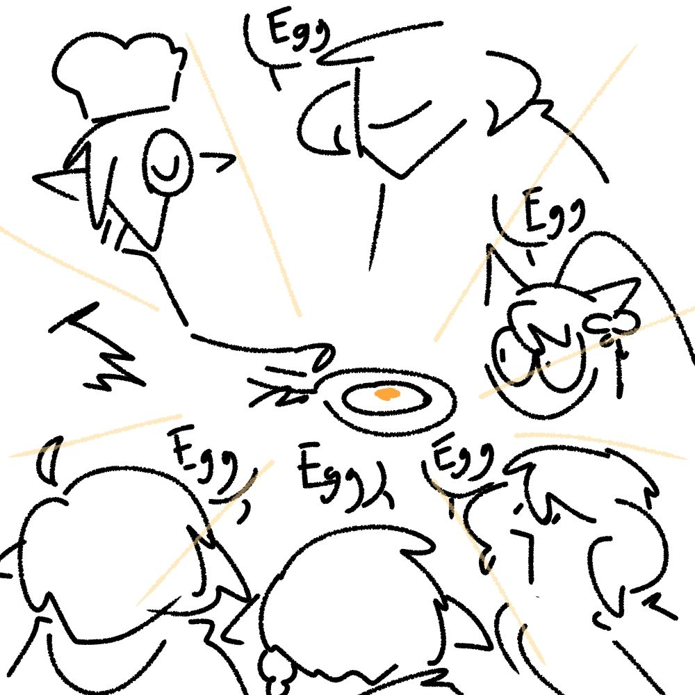 Olive cooking up an egg while everyone surrounds him, chanting "egg".