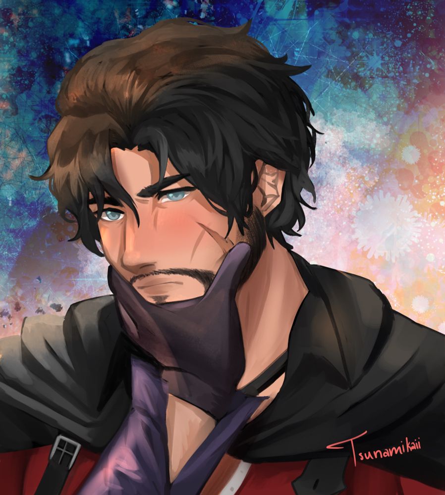 Clive rosfield from final fantasy 16 with his jaw in cidolfus telemon’s hand. Clive is blushing profusely