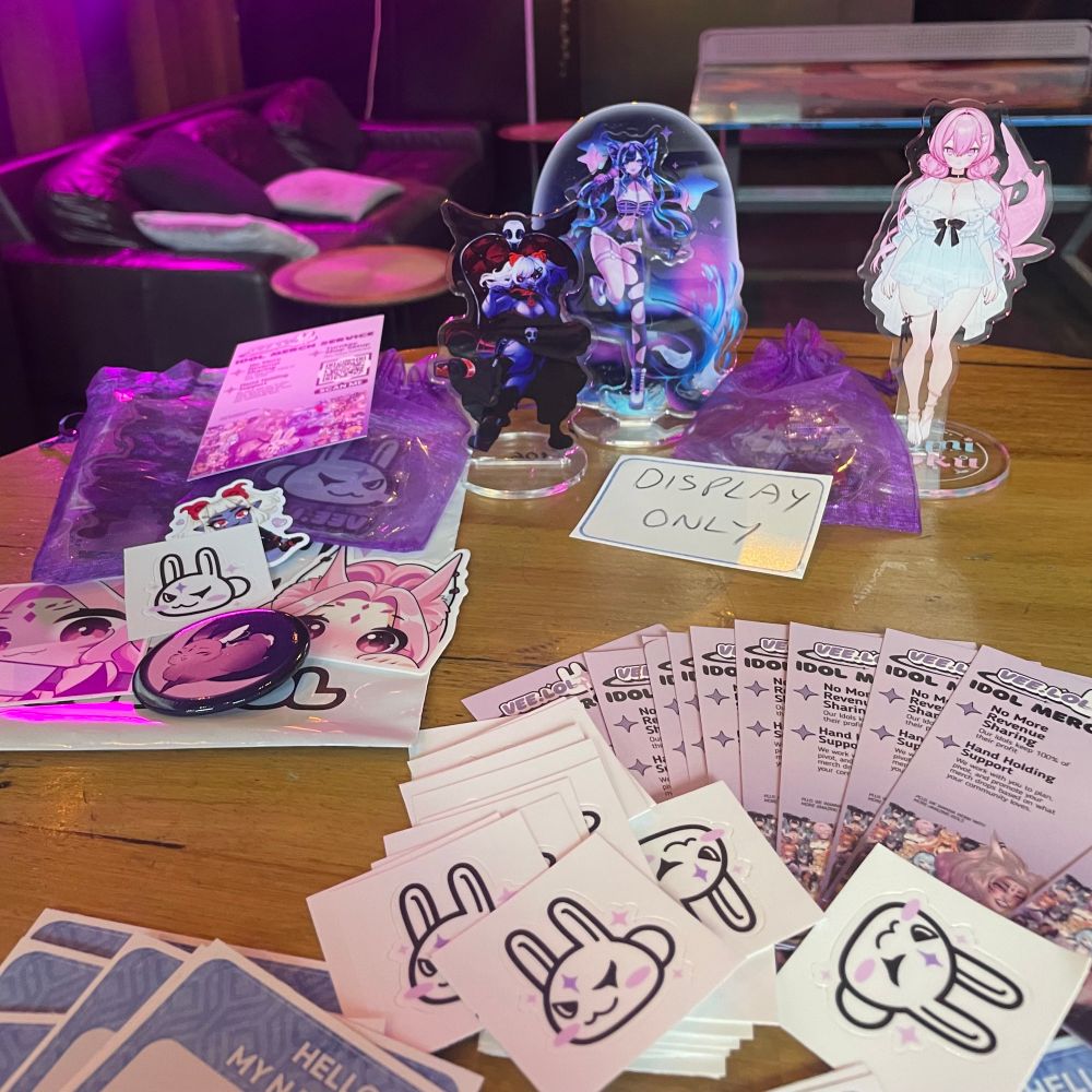 Display of veelolmerch stickers, standees, ponds, keychains etc 
