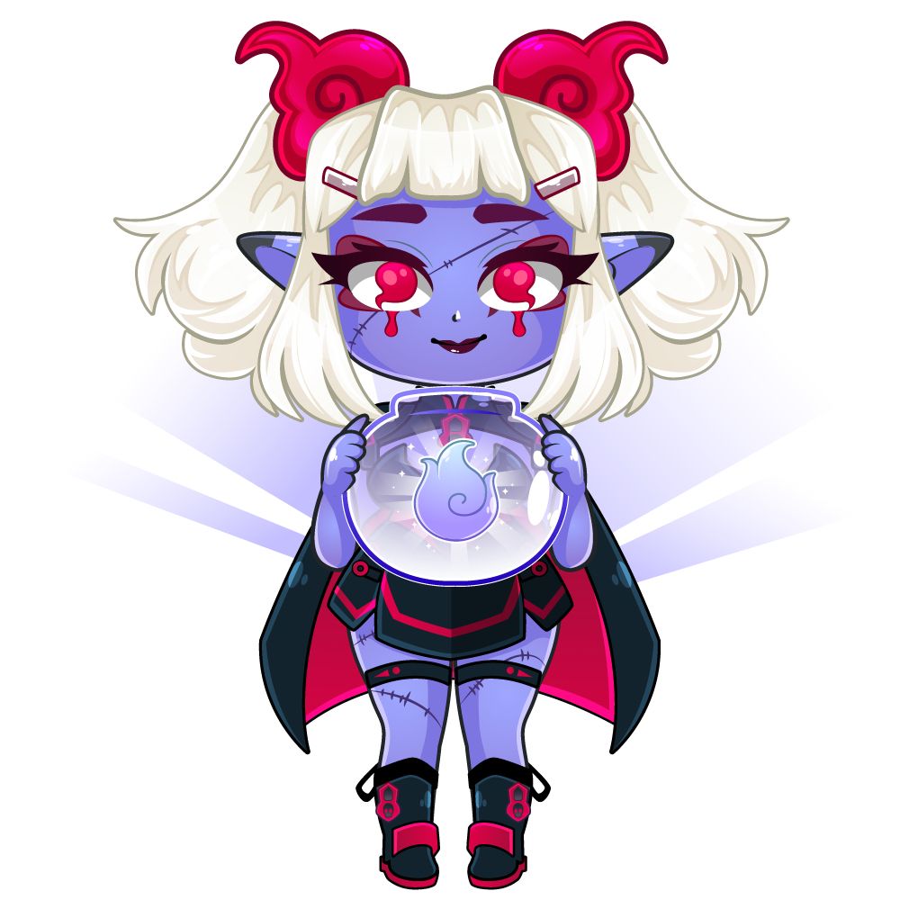 Artist: Nemuneko studio
Chibi version of Croes Vtuber model. A purple skinned, white haired scarecrow with red jellies in her dual pigtails and wearing a black and red dress with a cape and boots. She’s holding a circular glass jar with a yokai/soul inside 