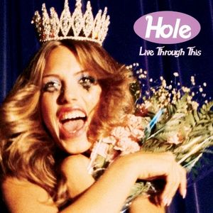 the cover of hole's live through this. a beauty queen is crying and smiling wide while holding a bouquet of flowers.