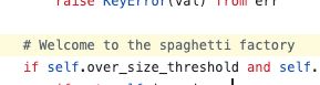 A Python code comment that says "Welcome to the spaghetti factory"