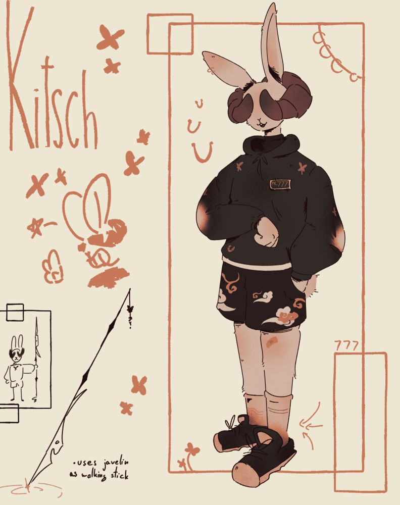 a rabbit oc named Kitsch, horns are covering his eyes. text near spear-like weapon says: Uses javelin as walking stick."
