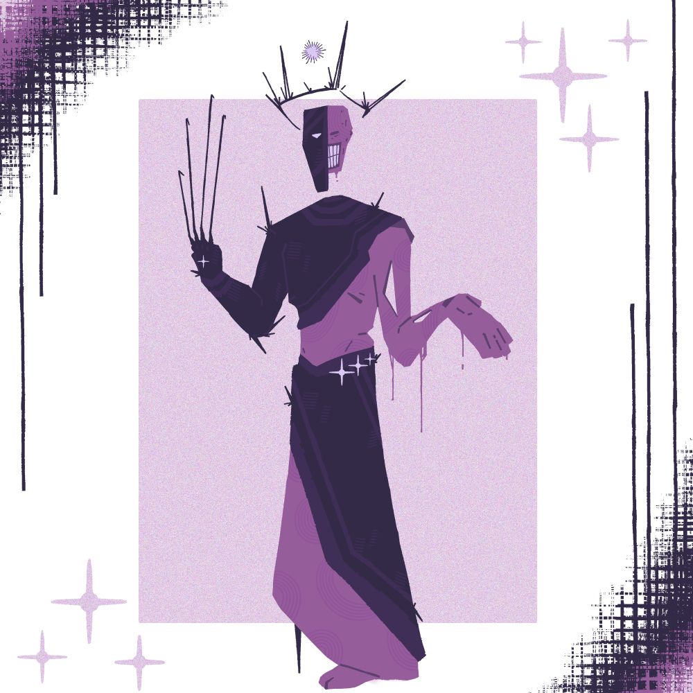my noli design, he is wearing garnments which are dark, contrasting his lighter side which is rotted. his lighter purple side has a grin plastered on his face and his arm is melting, exposing bone. his darker side is more symmetric and runic, his dark claw is a lot longer than his normal hand and the dark half of his face has no mouth, only half a diamond eye. also wearing a spiky crown with a star in the middle.
