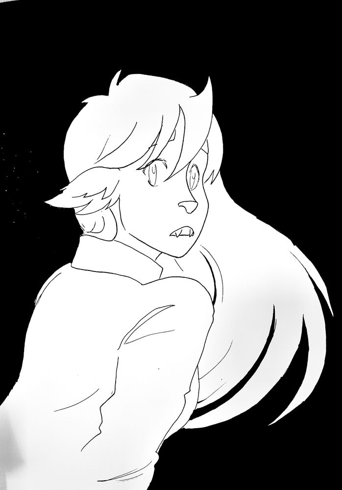 A monochrome drawing of my OC Oscar  looking over their shoulder with a bored surprised face. The hair is in a swoosh. They are not shaded or coloured and the lineart is somewhat monotone. 