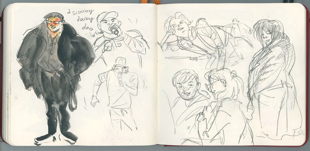 pencil, ink, and watercolor sketches of the partiers. karaoke, dancing, chatting, lounging