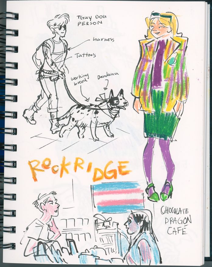 top left: "TGUY DOG PERSON: harness, tattoos, working breed dog, bandana". Right: a woman wearing a colorful jacket, green skirt, purple pants, and green heels. Bottom. the words "ROCKRIDGE" above "Chocolate Dragon Cafe" interior drawing, where a customer orders a drink from the barista. Behind them is the trans flag.