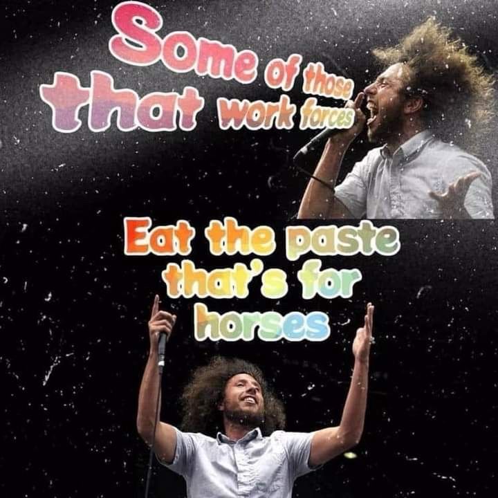 Split image of Zack de la Rocha performing with a mic in front of a space background. Text reads: Some of those that work forces / Eat the paste that’s for horses