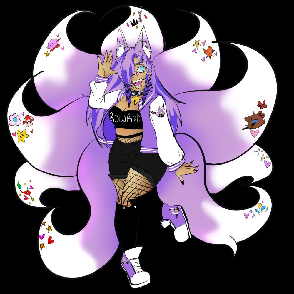 Kitsune girl with long purple hair, nine big bushy purple and white tails with little accessories places near the tips of them.

She is wearing a purple and white varsity jacket, a black tank top that says "ROWR XD", fishnets under her black shorts, black cat thigh highs, and purple and white high top sneakers. She's waving at the viewer smiling excitedly.