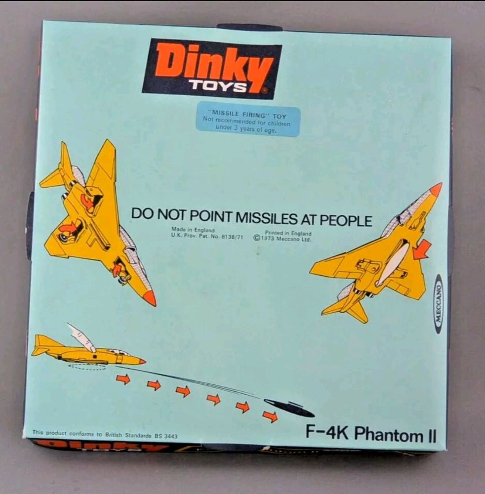 Dinky Toys ad for an F-4K toy with the words,  "Do not point missiles at people."