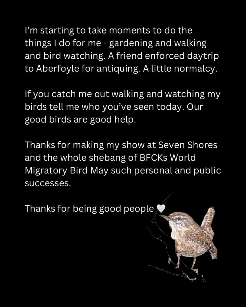 I’m starting to take moments to do the things I do for me - gardening and walking and bird watching. A friend enforced daytrip to Aberfoyle for antiquing. A little normalcy.

If you catch me out walking and watching my birds tell me who you’ve seen today. Our good birds are good help.

Thanks for making my show at Seven Shores and the whole shebang of BFCKs World Migratory Bird May such personal and public successes.

Thanks for being good people 🤍