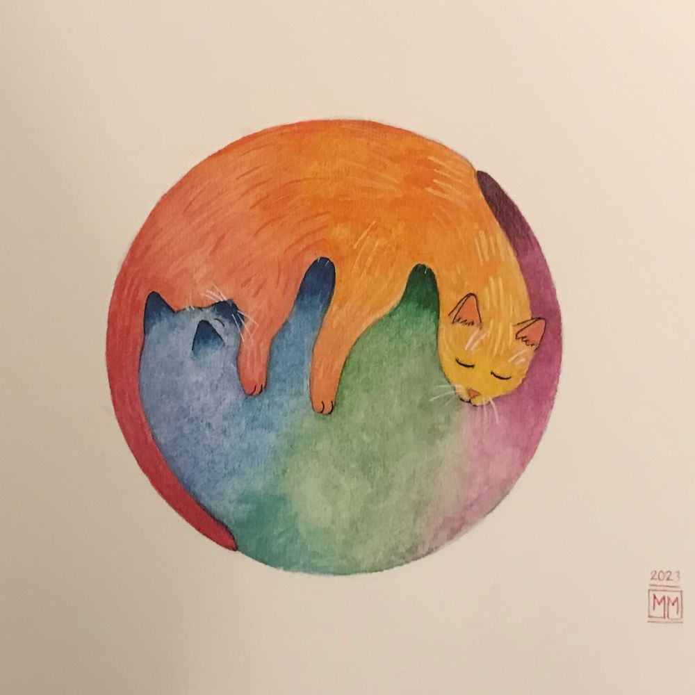 A circular rainbow illustration done in watercolor. The circle is made of two cats holding one another. One cat is orange, yellow and red. The other cat is blue, green and purple. They both have their eyes closed and have white whiskers. In the bottom right corner is the artist signature of MM with 2023 on top.