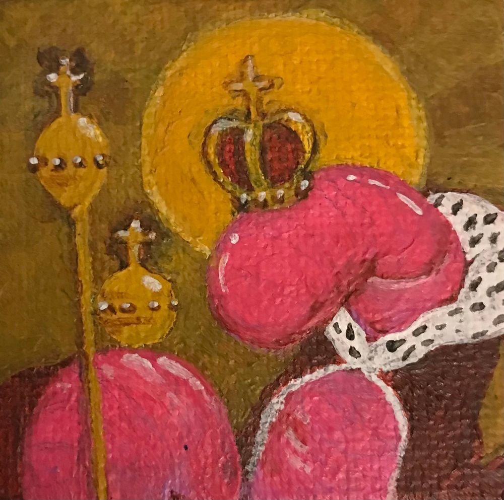 The image depicts a king worm wearing a crown and holding a scepter and holy orb. The worm is also wearing a royal monk fur cape and is on a brown background with a golden circle behind its head. 