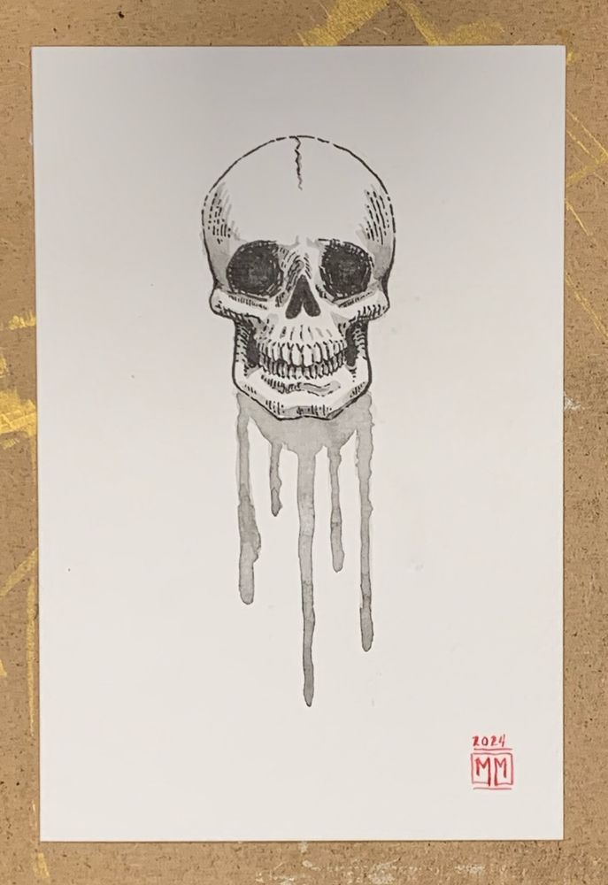 Ink and watercolor illustration of a skull with ink lines dripping from the bottom of the skull