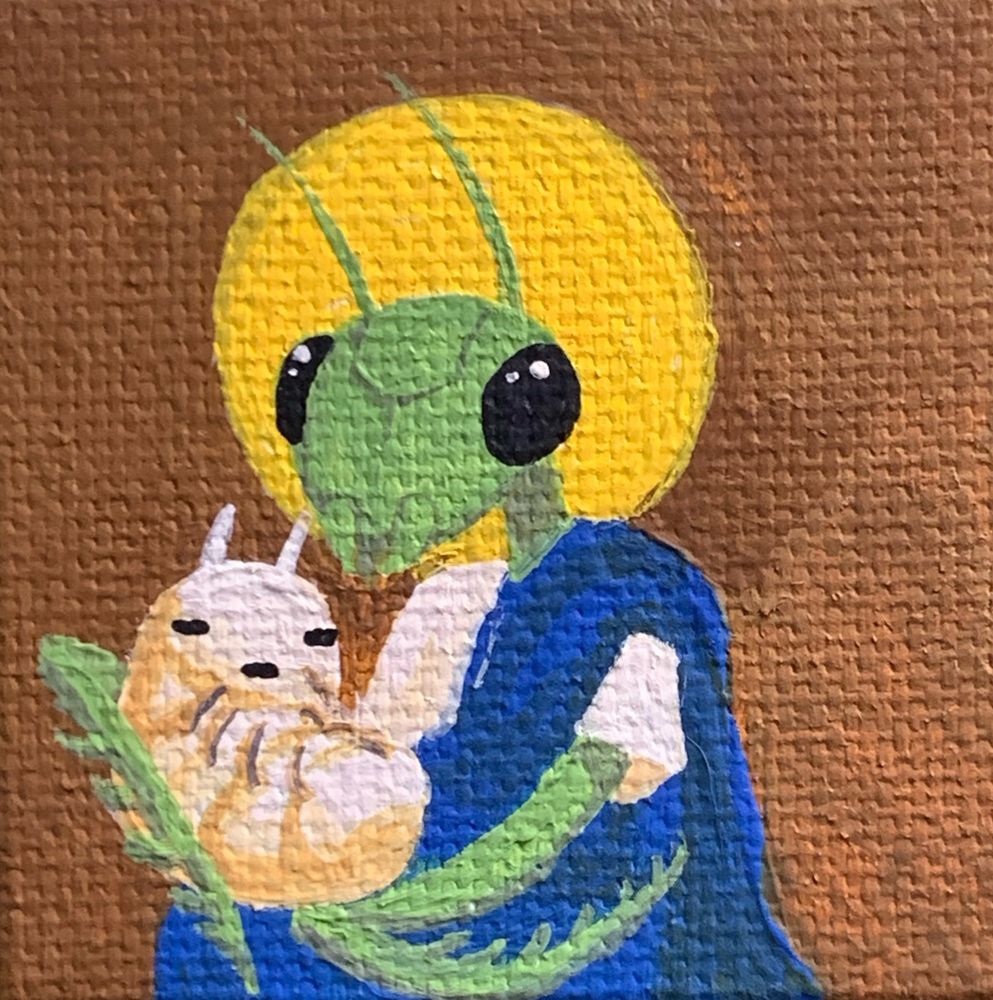 The image depicts a painting of a green praying mantis dressed as a traditional painting of a Madonna with child. The child is a grub. 