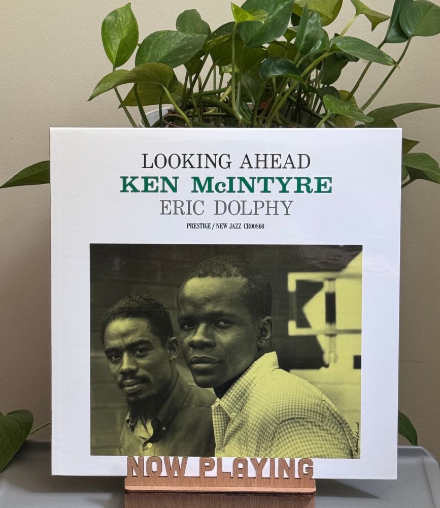 A record album in a stand on a table with a plant behind it.