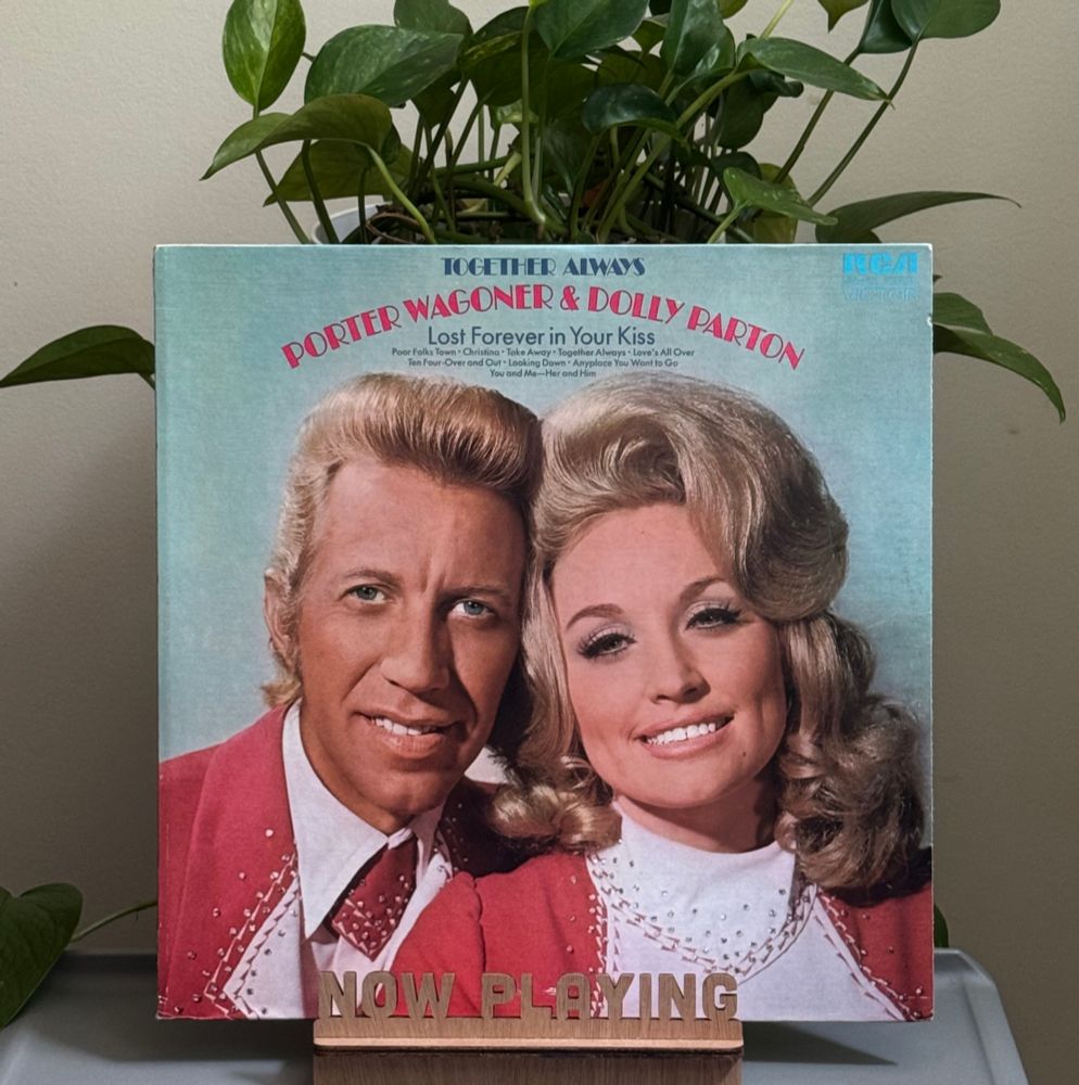 A record album in a stand on a table with a plant behind it.