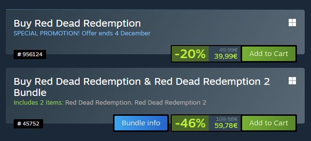 The image shows two entries on the Steam Store to buy Red Dead Redemption for 20% off (39.99 euros), and the "Red Dead Redemption & Red Dead Redemption 2 Bundle" for 46% off (59.78 euros)