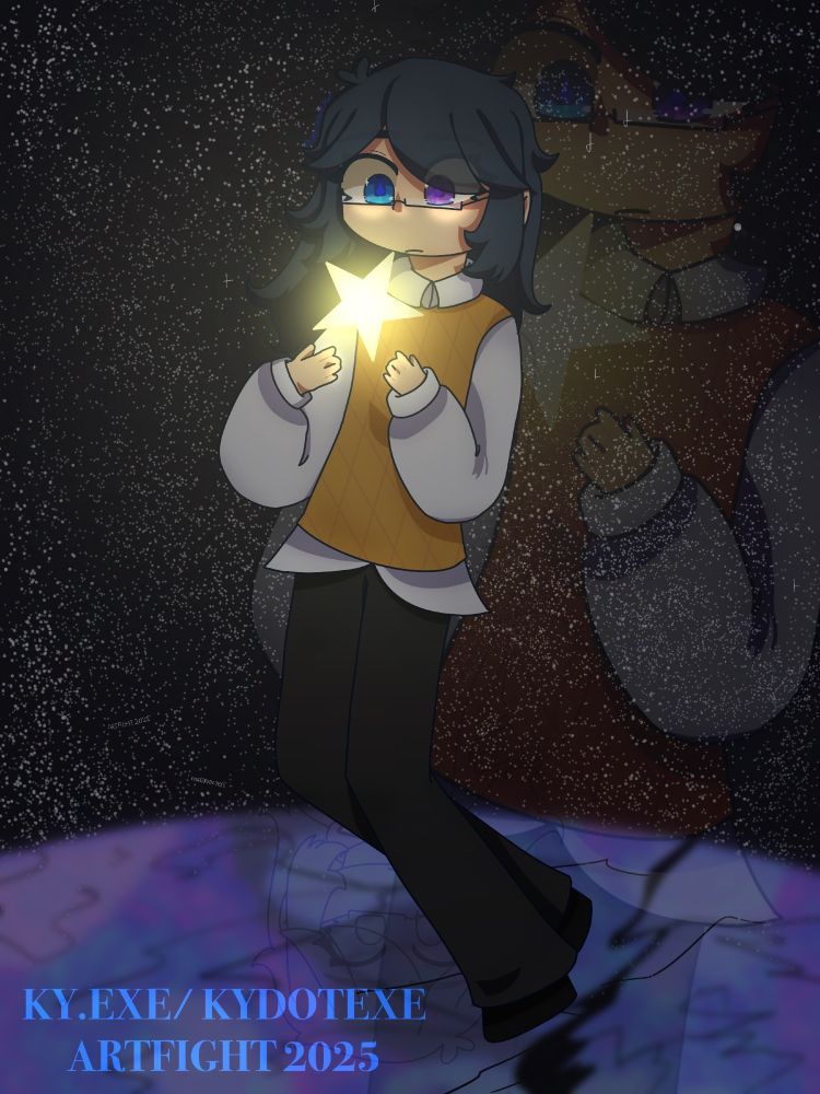 Artwork of Hiro Val from Eemdush floating in space and holding a glowing star. Attack link: https://artfight.net/attack/9035047.twilight