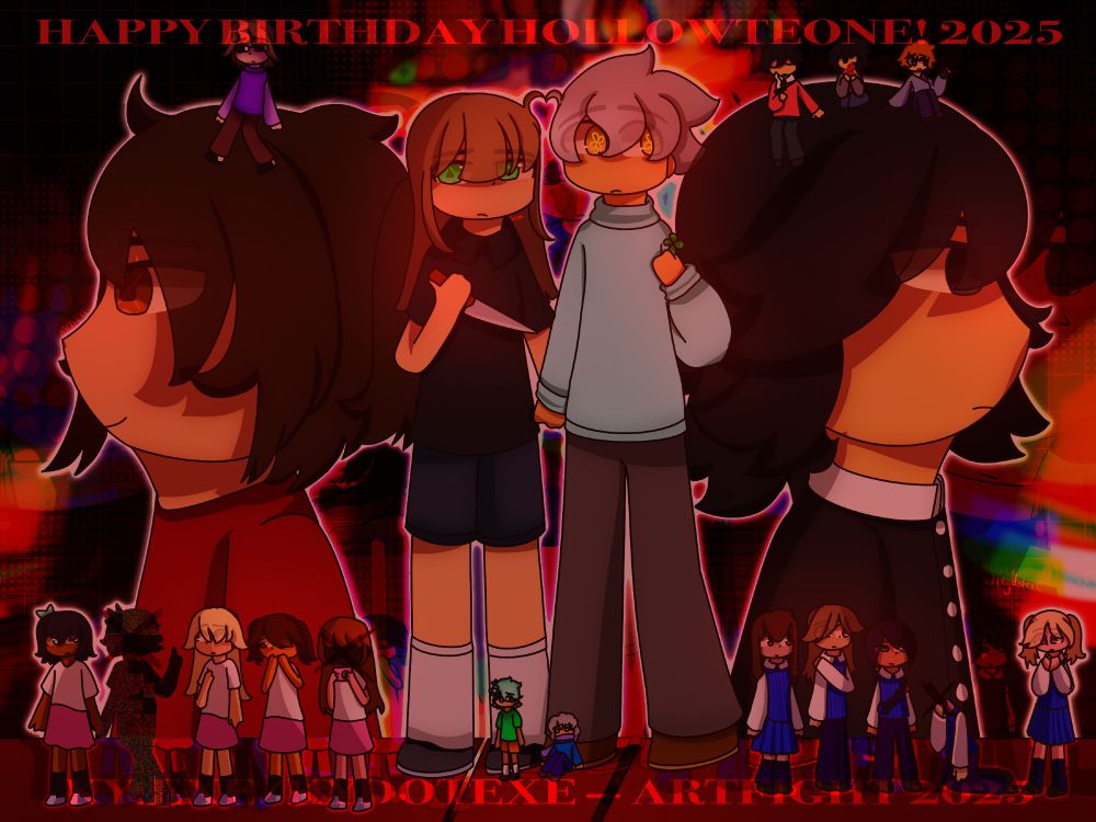 Illustration of nearly all of HollowTeone's Eemdush characters in a red abstract setting, in groups of their main storylines. Original attack link: https://artfight.net/attack/12542490.happy-birthday