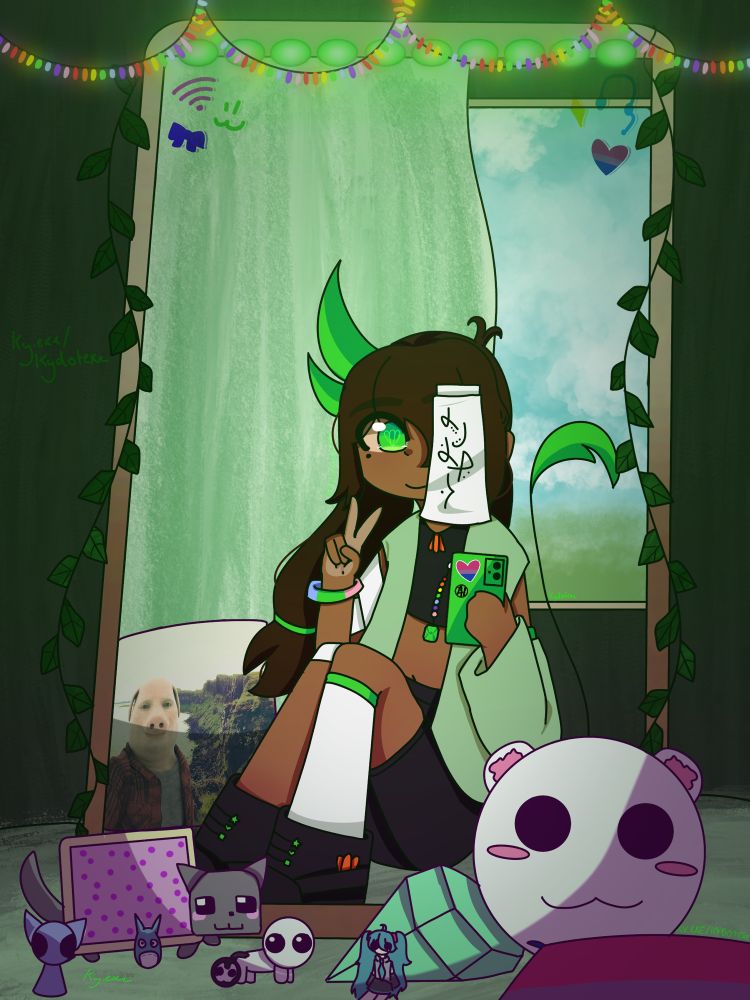An artwork of Inaree taking a photo in a mirror with a whole heap of plushies in front