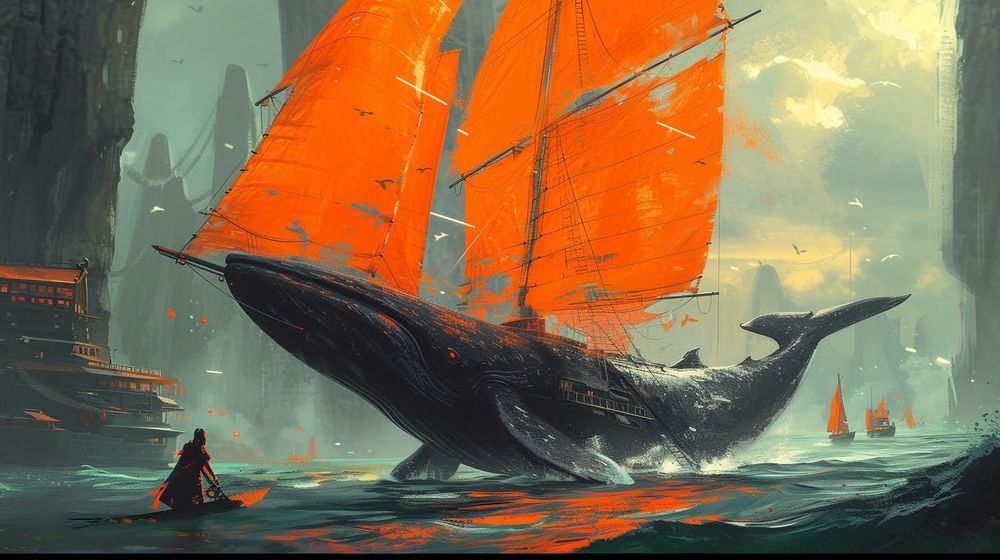 I humpback whale with tall, orange sails floats into port after a storm.