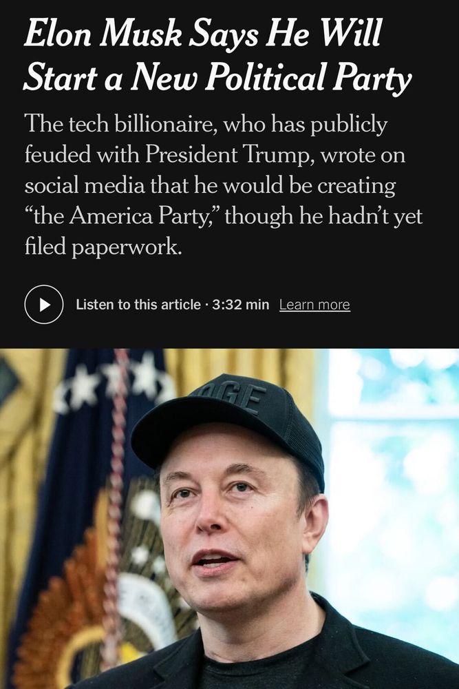 Elon Musk Says He Will Start a New Political Party
The tech billionaire, who has publicly feuded with President Trump, wrote on social media that he would be creating “the America Party,” though he hadn’t yet filed paperwork.