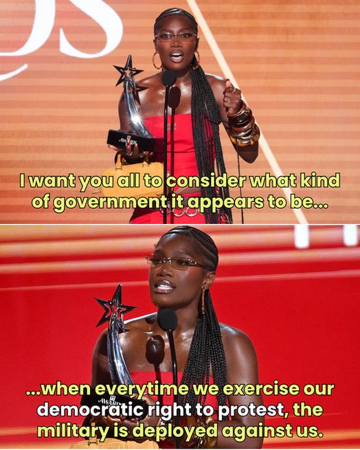 Rap artist Doechii speaks at the 2025 BET awards. "I want you all to consider what kind of government it appears to be when every time we exercise our democratic right to protest, the military is deployed against us."