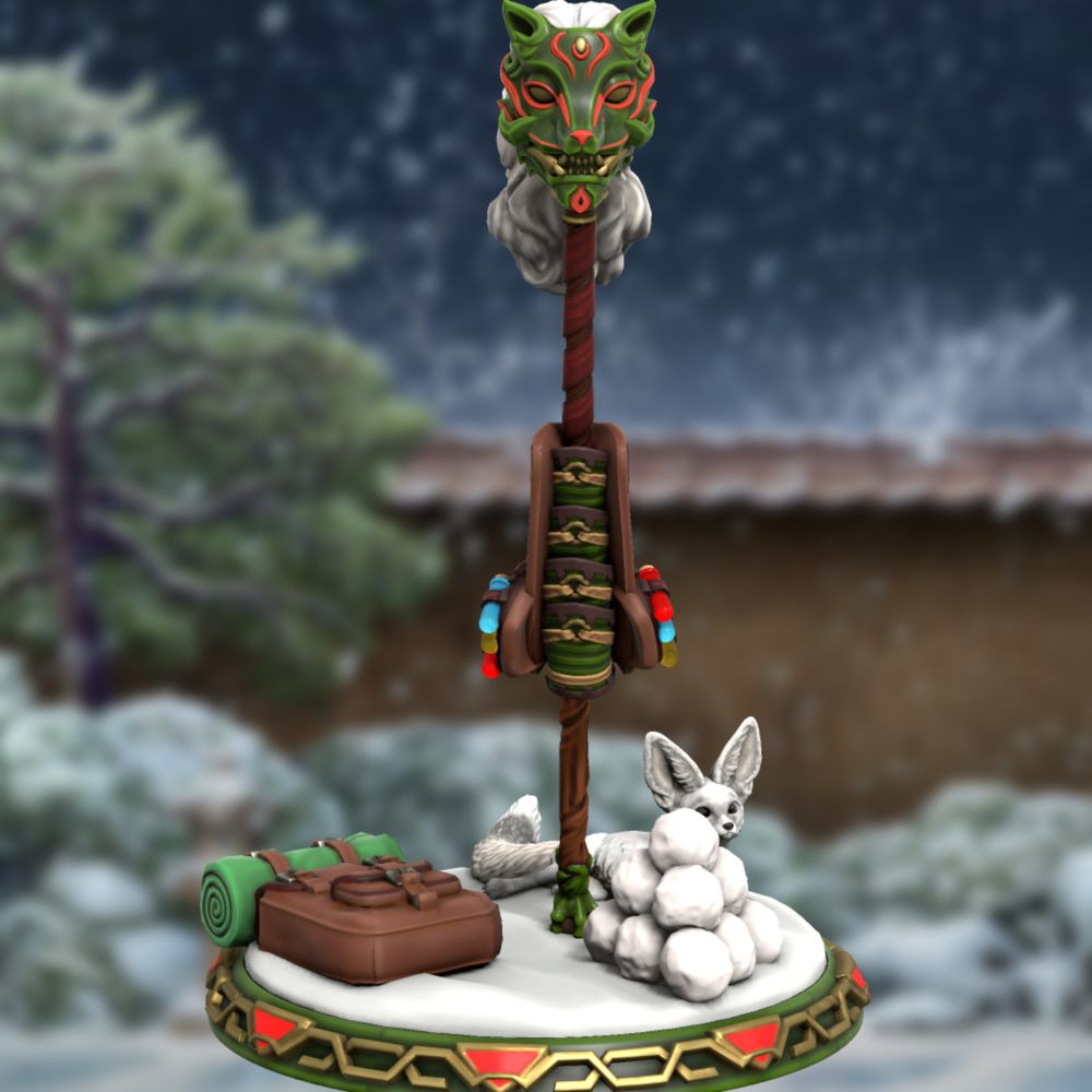 [Frontal View Angle] A long staff with an elaborate bestial mask on top, meant to represent an animal that can be ridden like a horse. This one is decorated in green with red and gold highlights meant to evoke the spirit of Christmas, or other, similar, winter holidays.