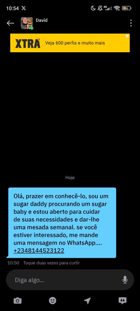Print de uma conversa no grindr com a seguinte mensagem "Olá, prazer em conhecê-lo, sou um sugar daddy procurando um sugar baby e estou aberto para cuidar de suas necessidades e dar-lhe uma mesada semanal. se você estiver interessado, me mande uma mensagem no WhatsApp....+2348144523122" 