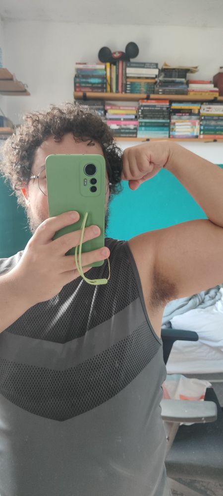 Foto minha em frente ao espelho mostrando a axila peluda e com o celular tampando o rosto. 