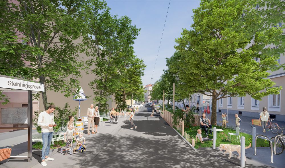 Ein Rendering von der Arndtstraße in Meidling mit vielen neuen Bäumen und Grünflächen.
