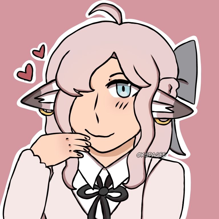 Bust length of suki, an pastel pink cat with long hair and a bow.