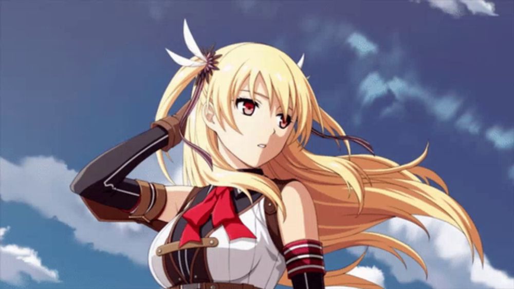 a girl with blonde hair and red eyes stands in front of a cloudy sky