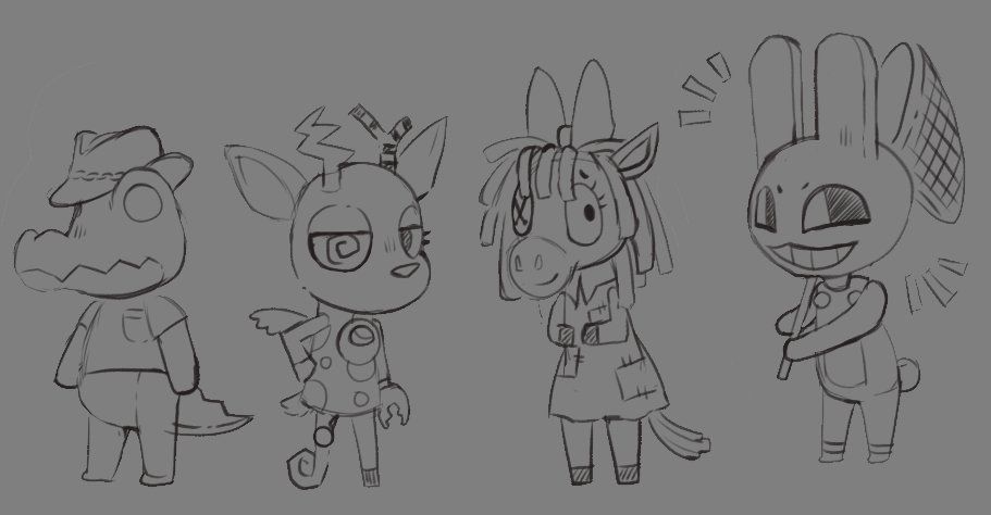 An uncolored doodle of Gummigoo, Zooble, Ragatha, and Jax in the Animal Crossing art style on a grey backgrounds