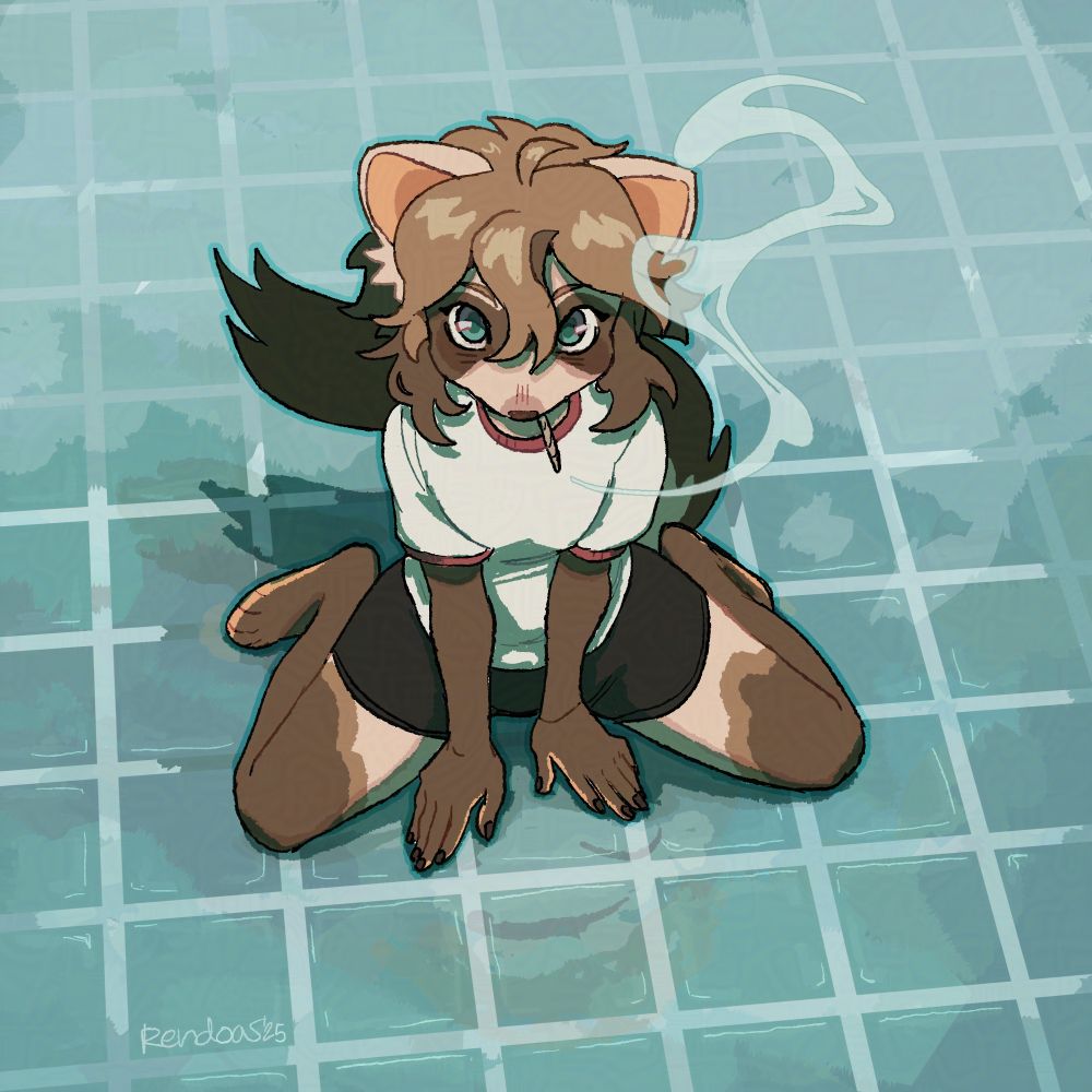Drawing of an anthro ferret sitting on a reflective blue tile floor, smoking a joint. He's wearing black shorts and a white ringer tee with red accents. 🌲
