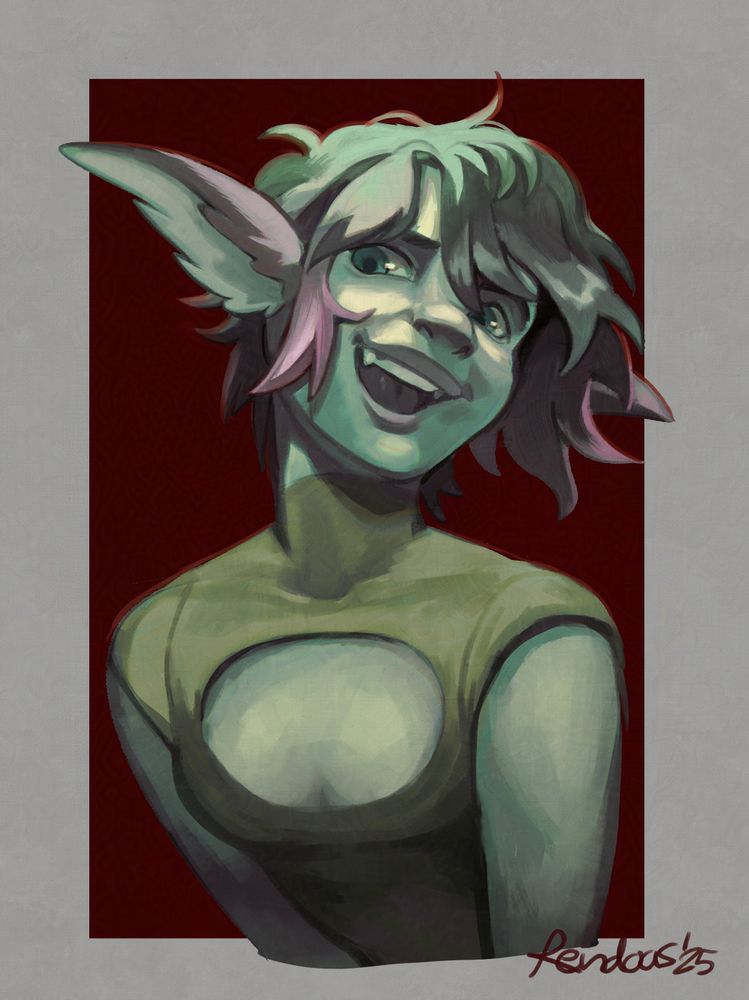 Portrait painting of a blue-skinned girl with fuzzy elf-like ears and blue-purple gradient hair. She wears a green top with a keyhole. Her mouth is open in a fanged and playfully mocking smile.🌲