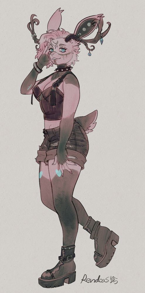 Anthro pink rabbit in summer goth garb. 🌲